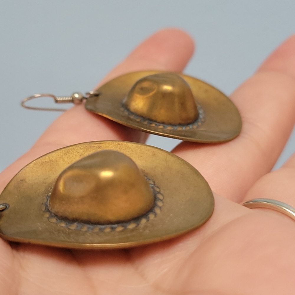 Brass cowboy hat earrings - Picture 3 of 3
